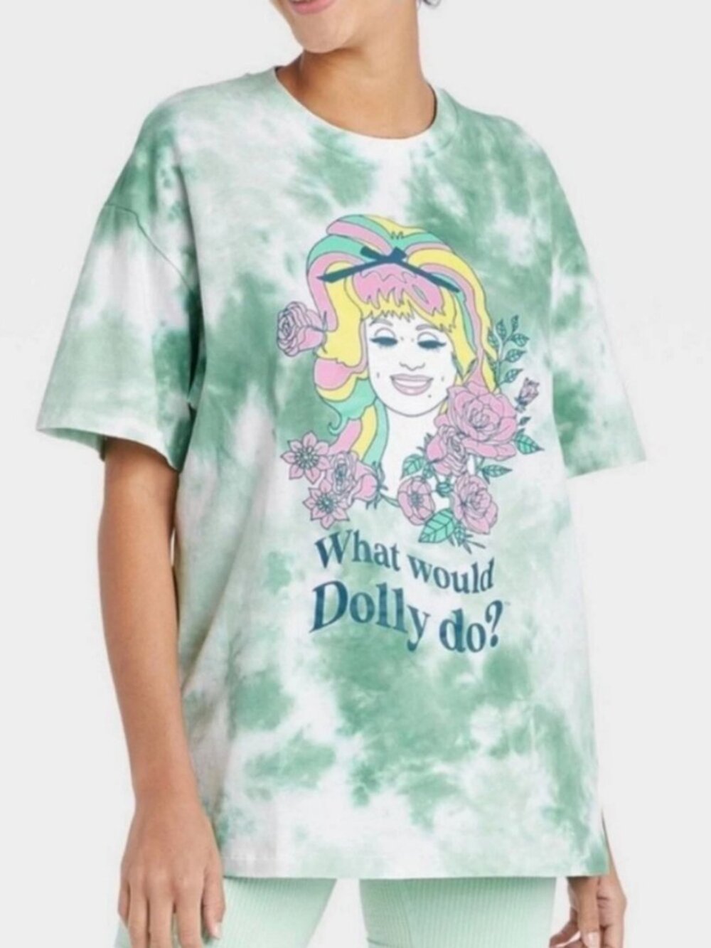 Dolly Parton Oversized Graphic Tee Shirt “What Would Dolly Do?” in Green Tie Dye